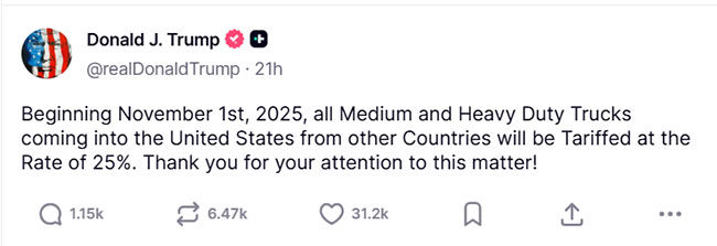 Trump posts 25% truck tariff on Truth Social October 2025